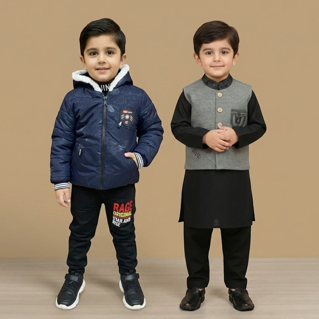 Two young boys pose confidently against a beige background. One wears a striped shirt with a sleeveless jacket and pants, while the other wears a blue track suit. Both have white sneakers.