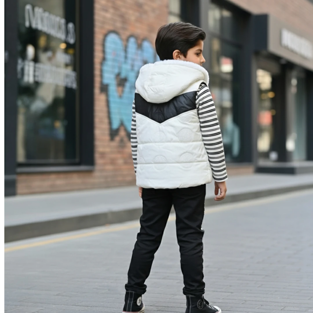 Boy wearing black and white hooded winter jacket, striped shirt, and matching jogger pants.