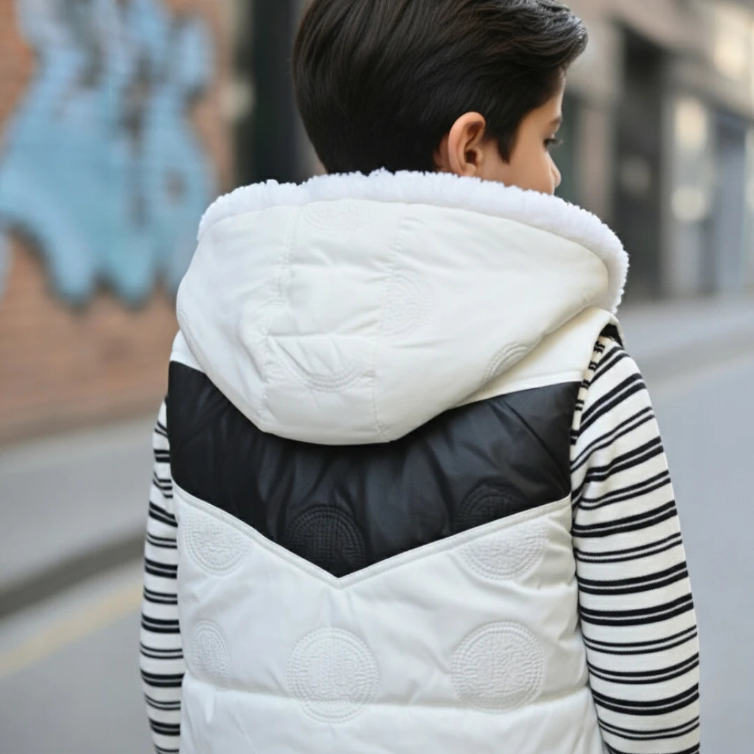 black and white hooded winter jacket, striped shirt