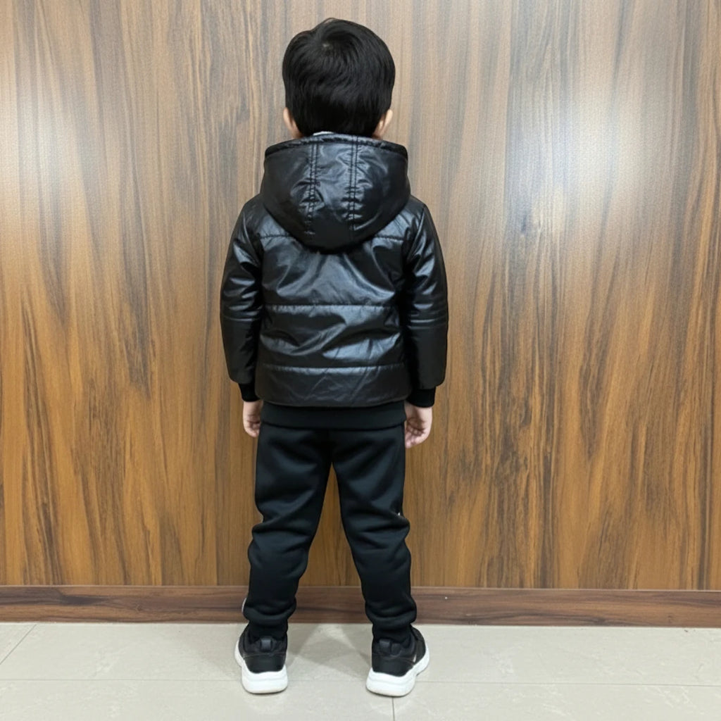 Black Leather Jacket Winter Tracksuit Set