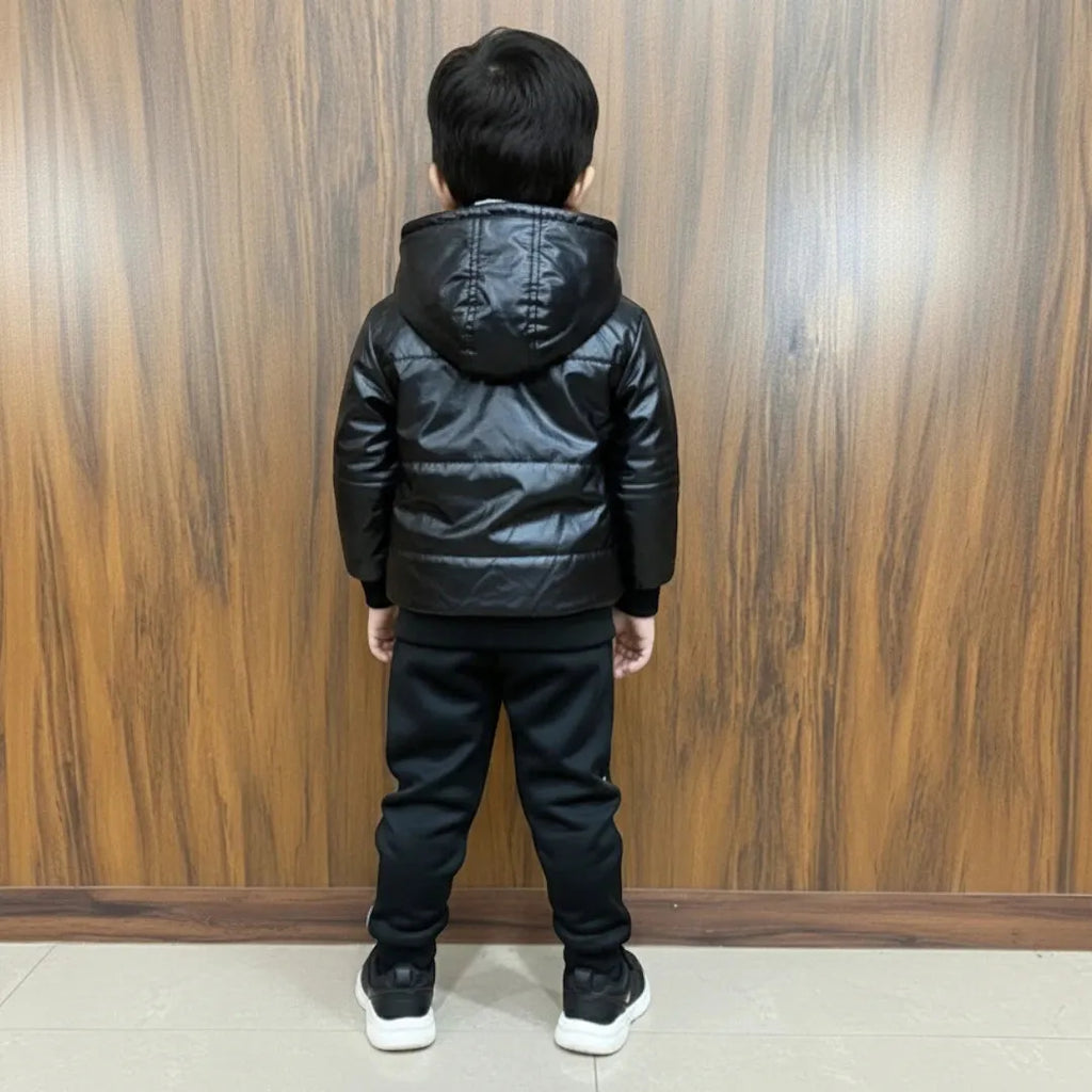 Black Leather Jacket Winter Tracksuit Set