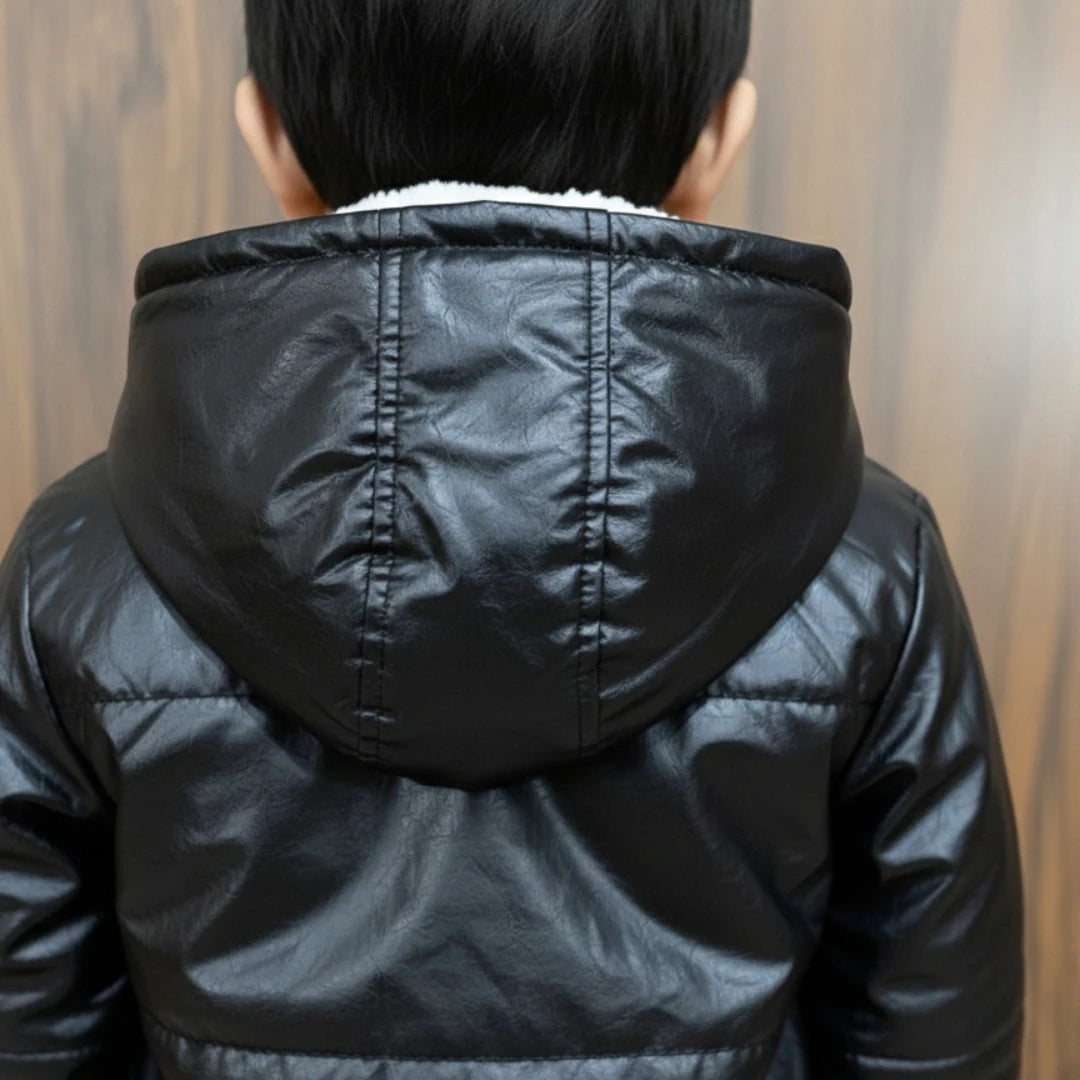 Black Leather Jacket Winter Tracksuit Set
