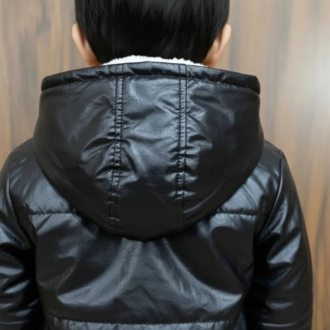 Black Leather Jacket Winter Tracksuit Set