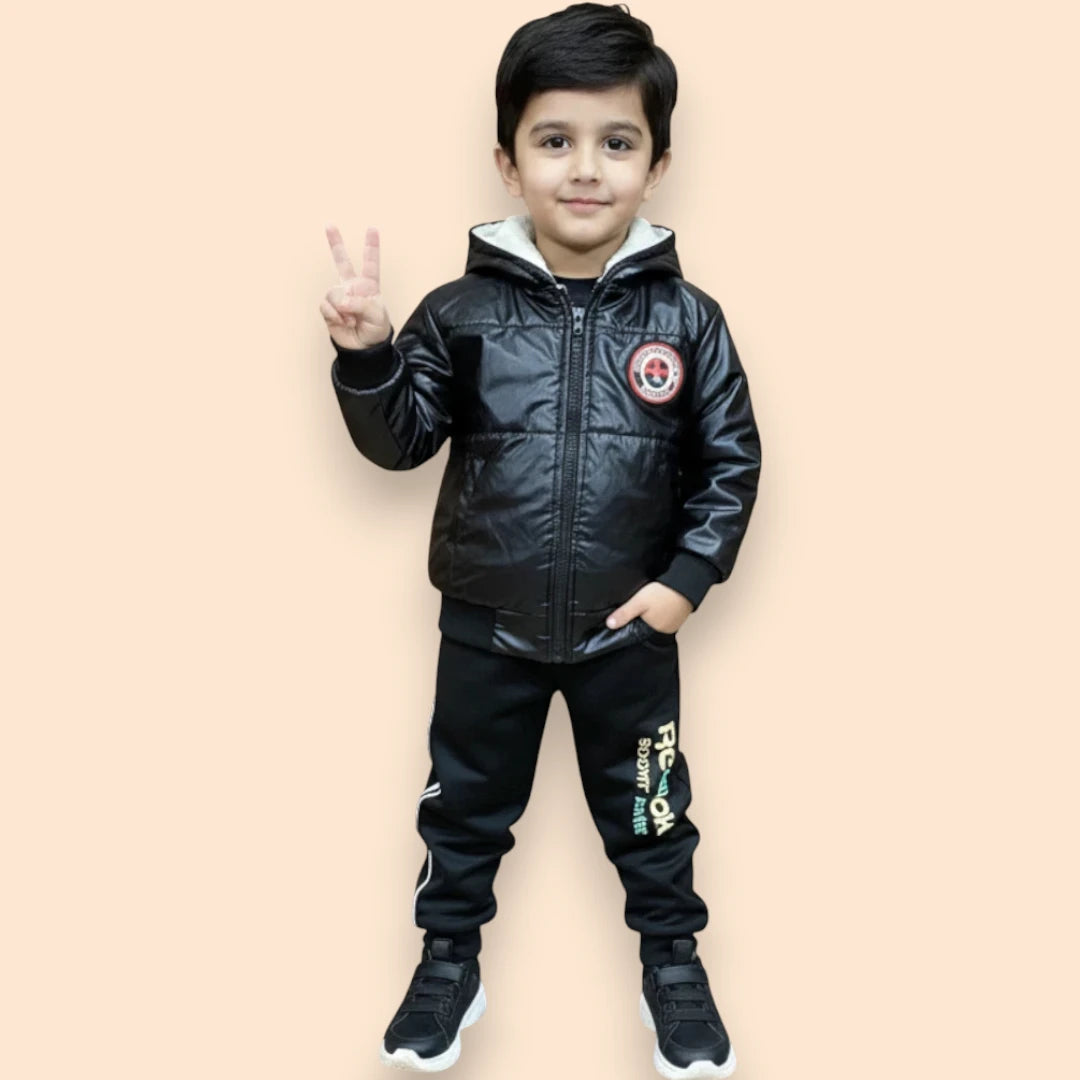 Black Leather Jacket Winter Tracksuit Set