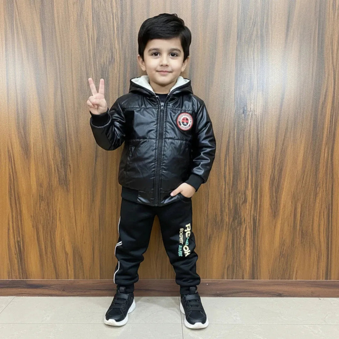 Black Leather Jacket Winter Tracksuit Set