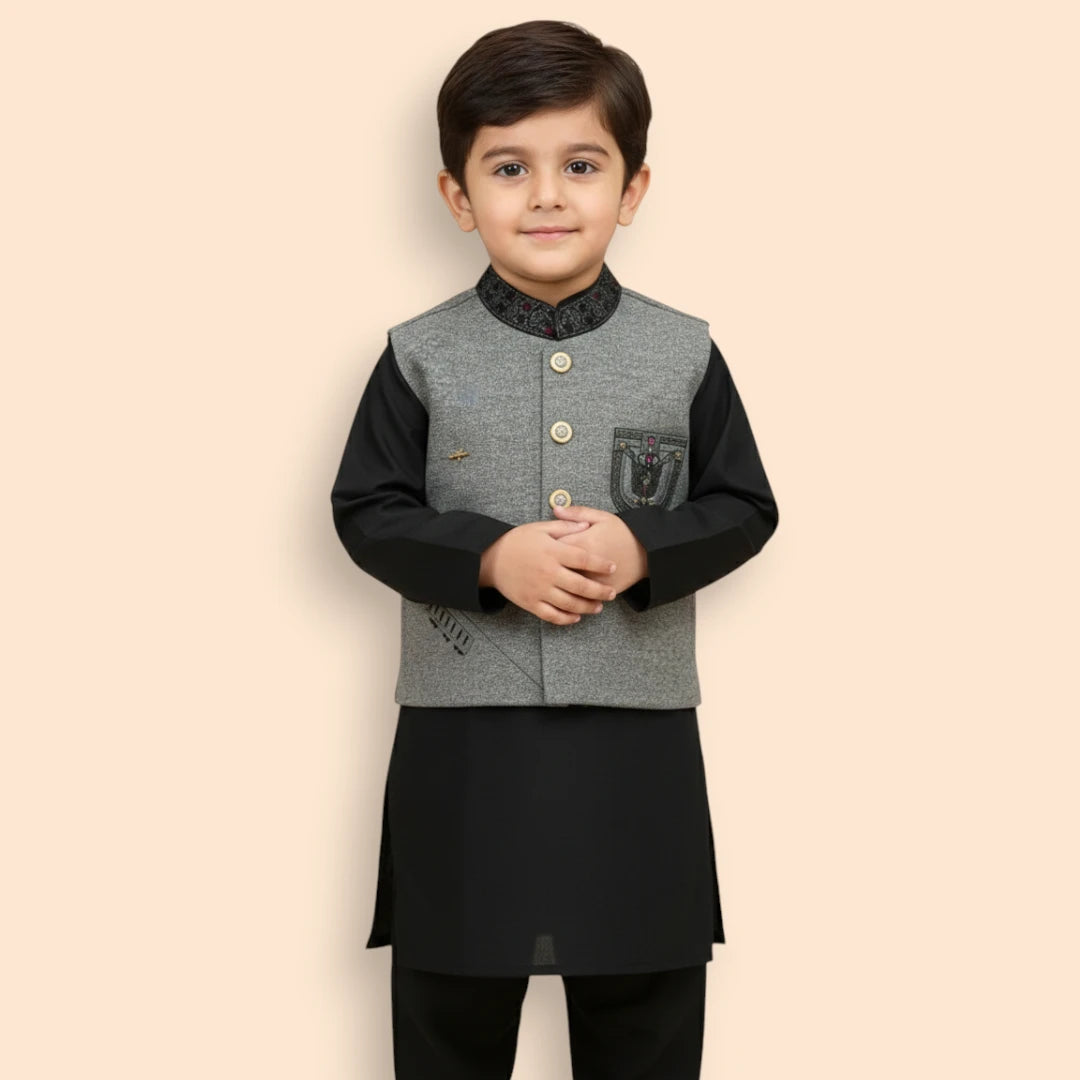 Black Shalwar Kameez with Grey Waistcoat