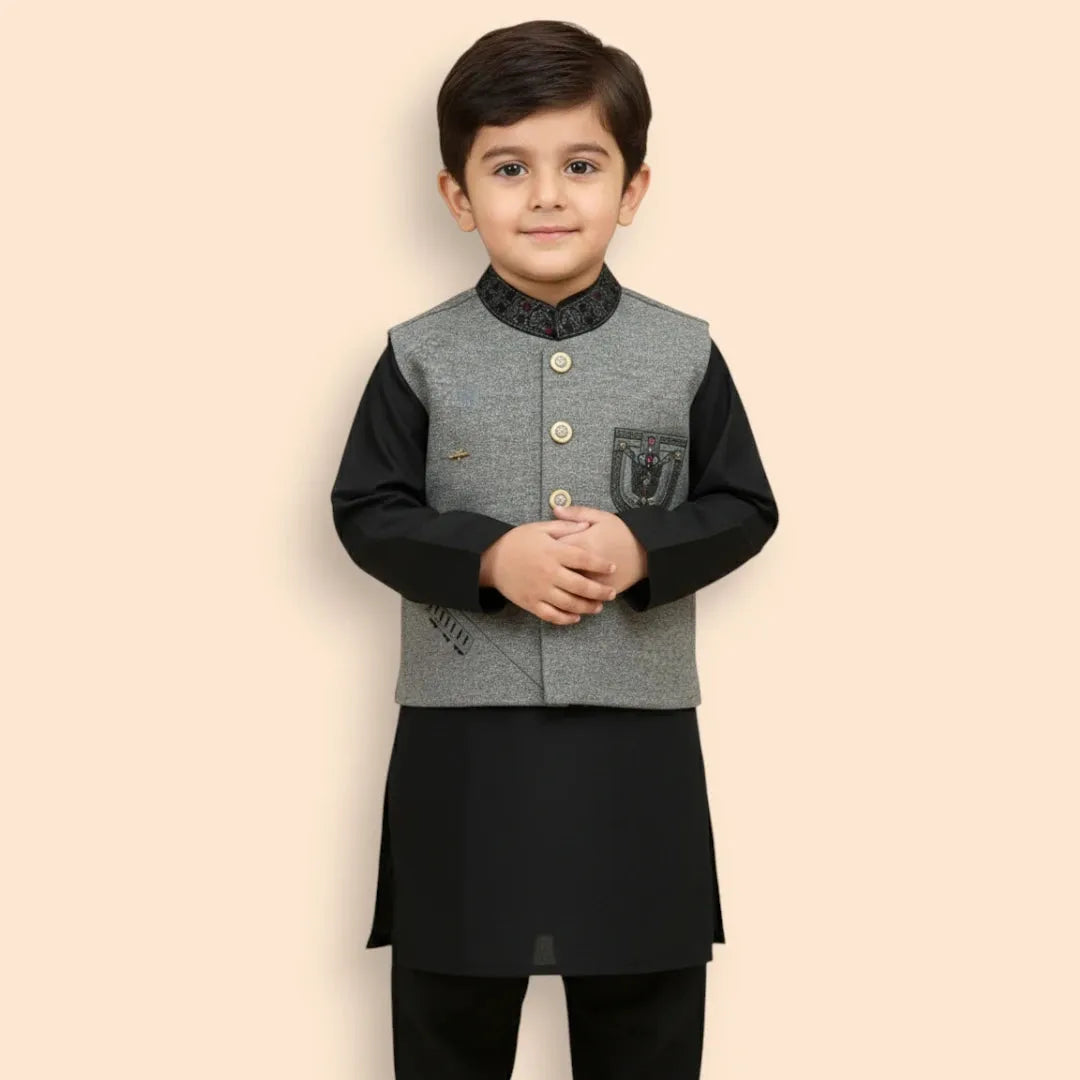 Black Shalwar Kameez with Grey Waistcoat