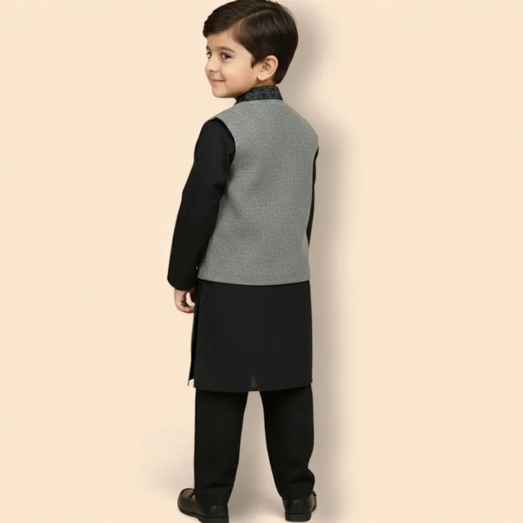 Black Shalwar Kameez with Grey Waistcoat