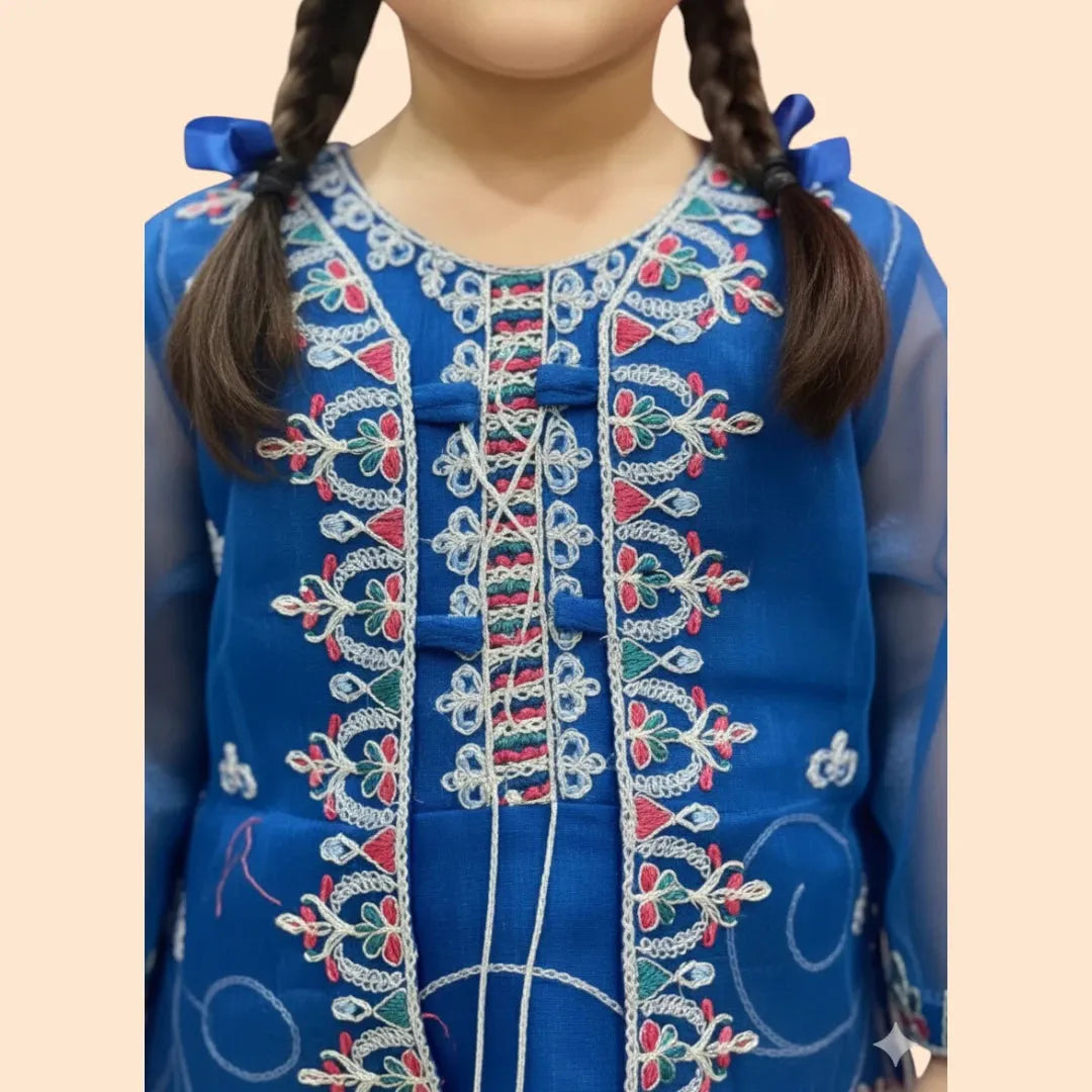 Blue Embroidered Frock Set fabric