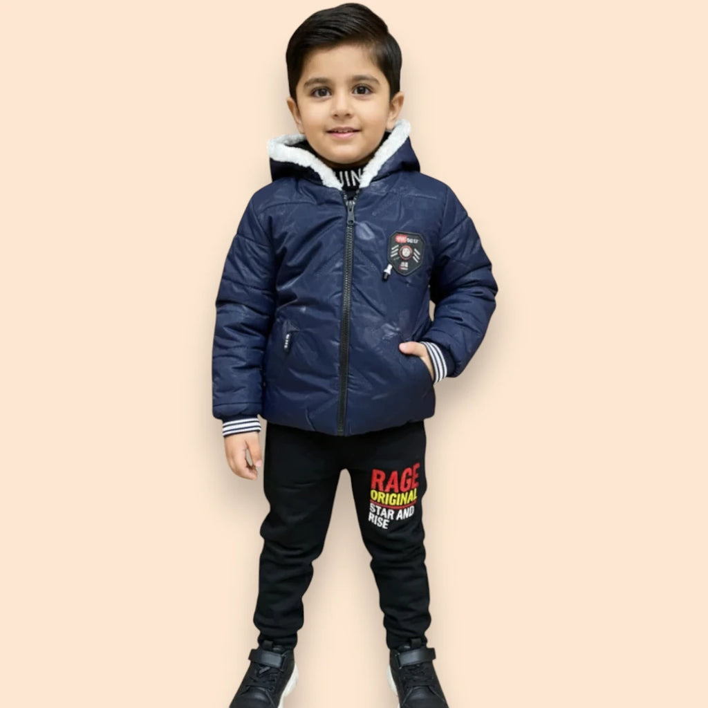 Blue Leather Jacket Winter Tracksuit Set