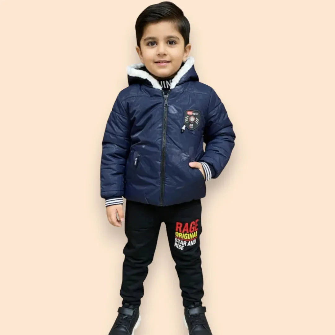 Blue Leather Jacket Winter Tracksuit Set