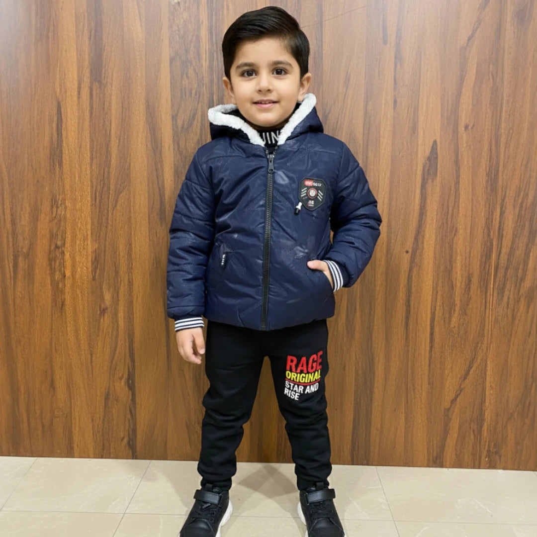 Blue Leather Jacket Winter Tracksuit Set