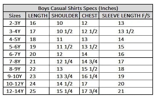 Size chart for Olive Green Boys Long Sleeve Shirt
