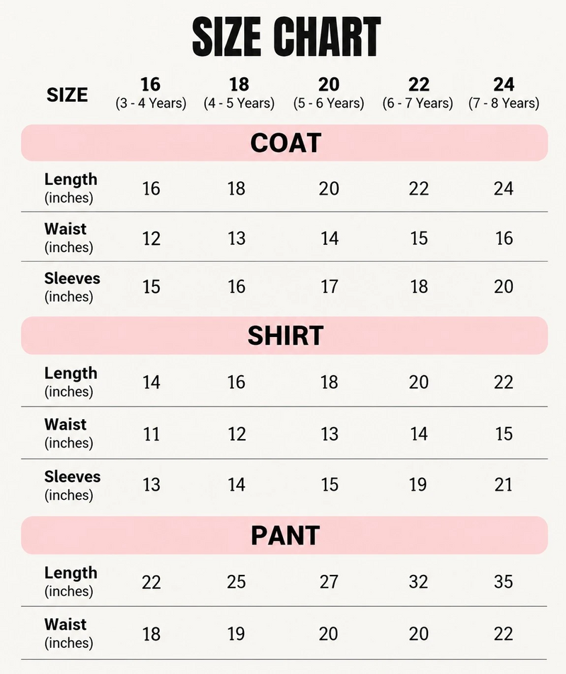 Size chart for Black Pent Coat Dressing Elegant Formal Wear | Hatchlingzz