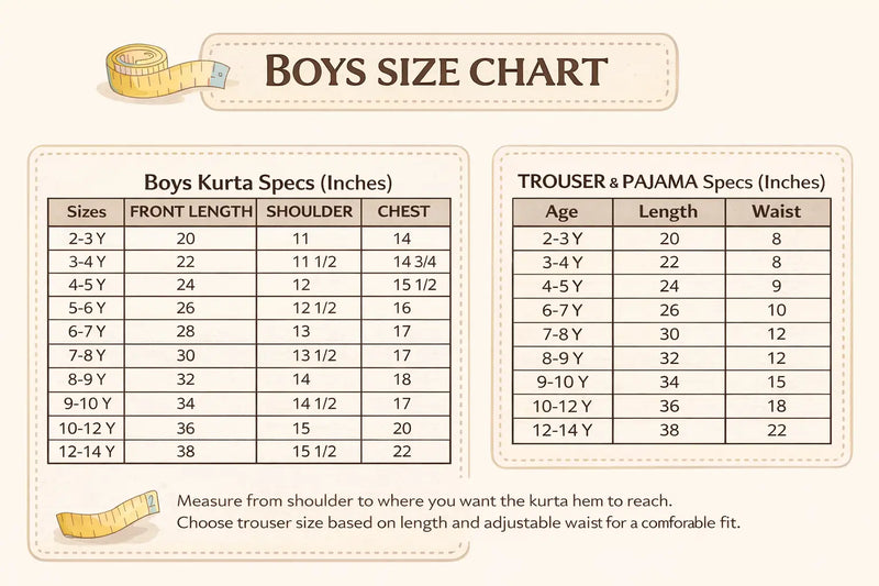 Size chart for Premium Embroidered Boys Shalwar Kameez