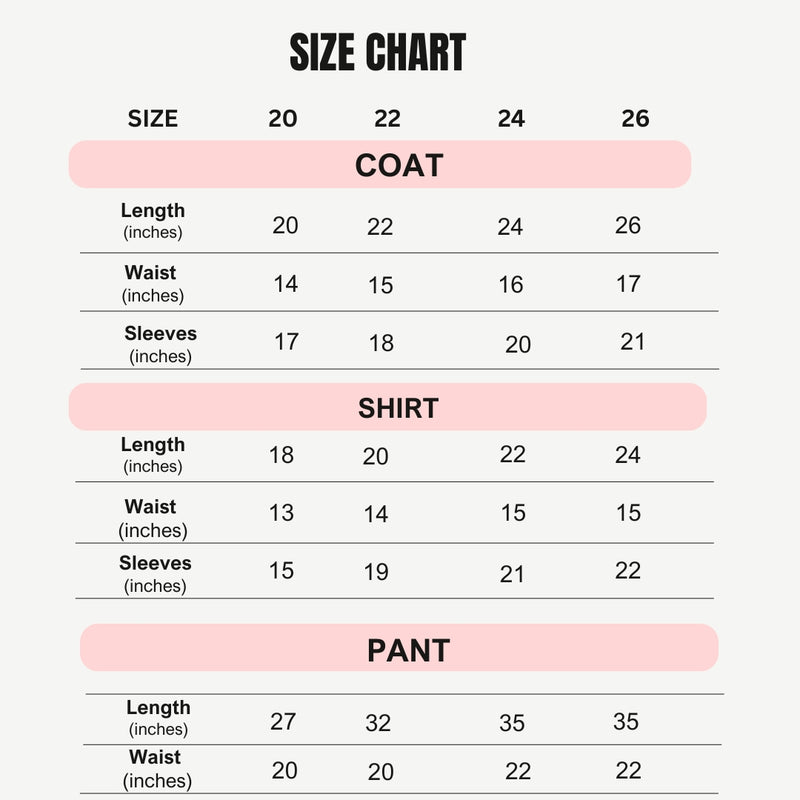 Size chart for Black Formal Five Piece Suit