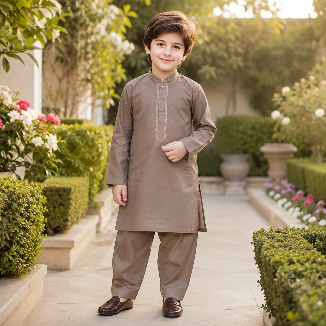 Coffee brown traditional embroidered shalwar kameez for boys