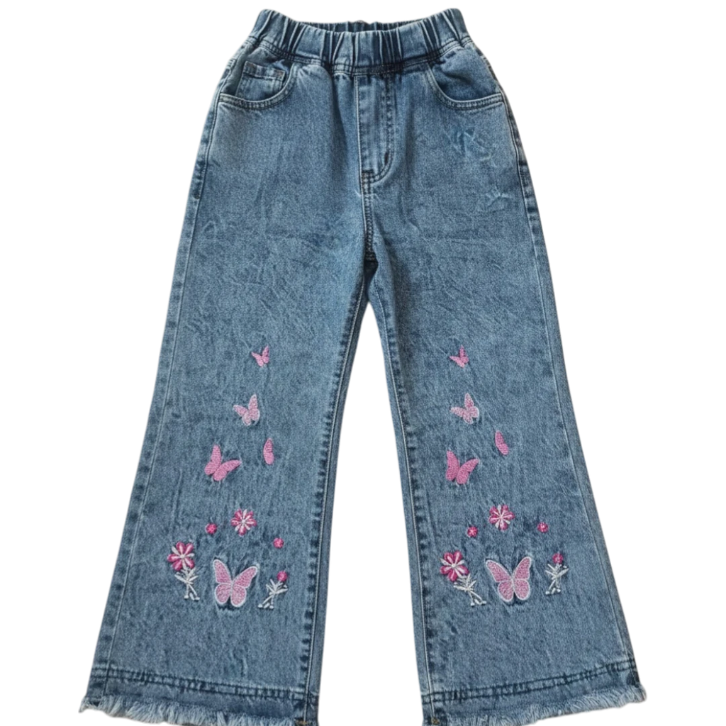 Girls wide leg denim pants with butterfly and floral embroidery design, trendy kids casual wear trousers for girls in Pakistan, stylish comfortable everyday outfit[
