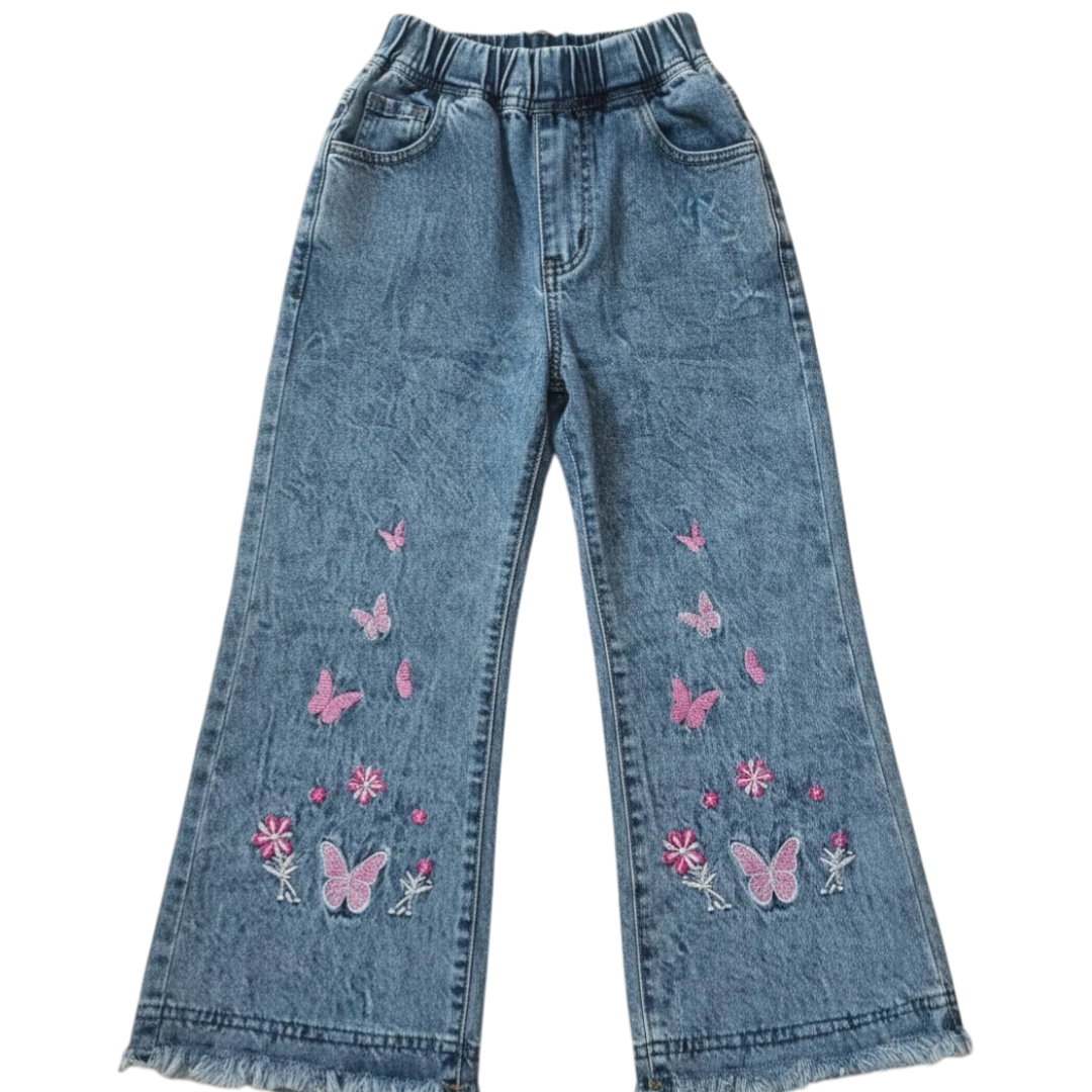 Girls wide leg denim pants with butterfly and floral embroidery design, trendy kids casual wear trousers for girls in Pakistan, stylish comfortable everyday outfit[