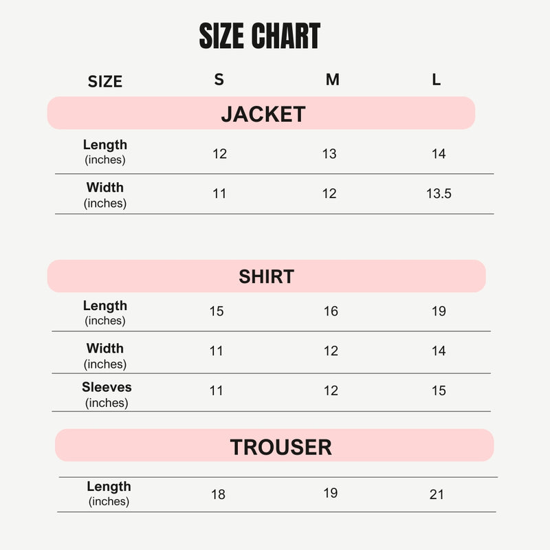 Size chart for Pink Winter Fur Coat and Trouser Shirt Set