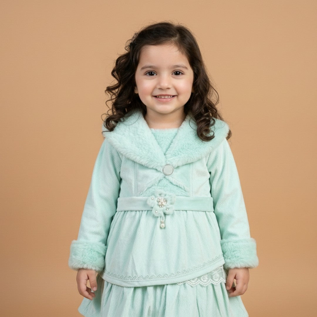 Girls Light Blue Winter Fur Frock and Trouser Set Back