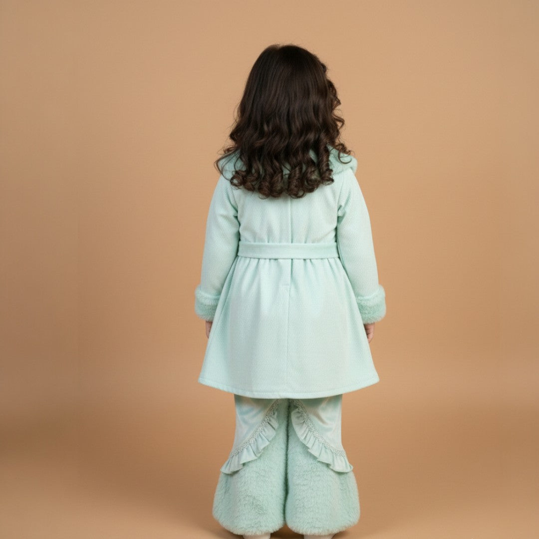 Girls Light Blue Winter Fur Frock and Trouser Set Back