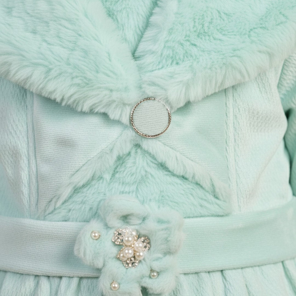 Girls Light Blue Winter Fur Frock and Trouser Set Closer