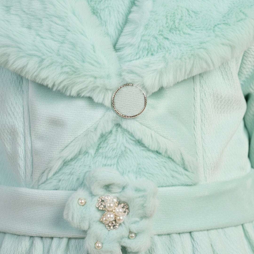 Girls Light Blue Winter Fur Frock and Trouser Set Closer