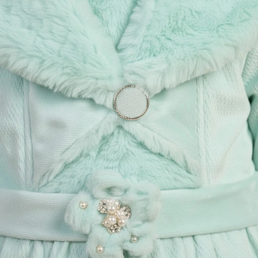 Girls Light Blue Winter Fur Frock and Trouser Set Closer