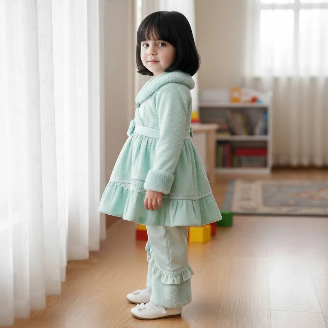 Girls Light Blue Winter Fur Frock and Trouser Set Side Pose