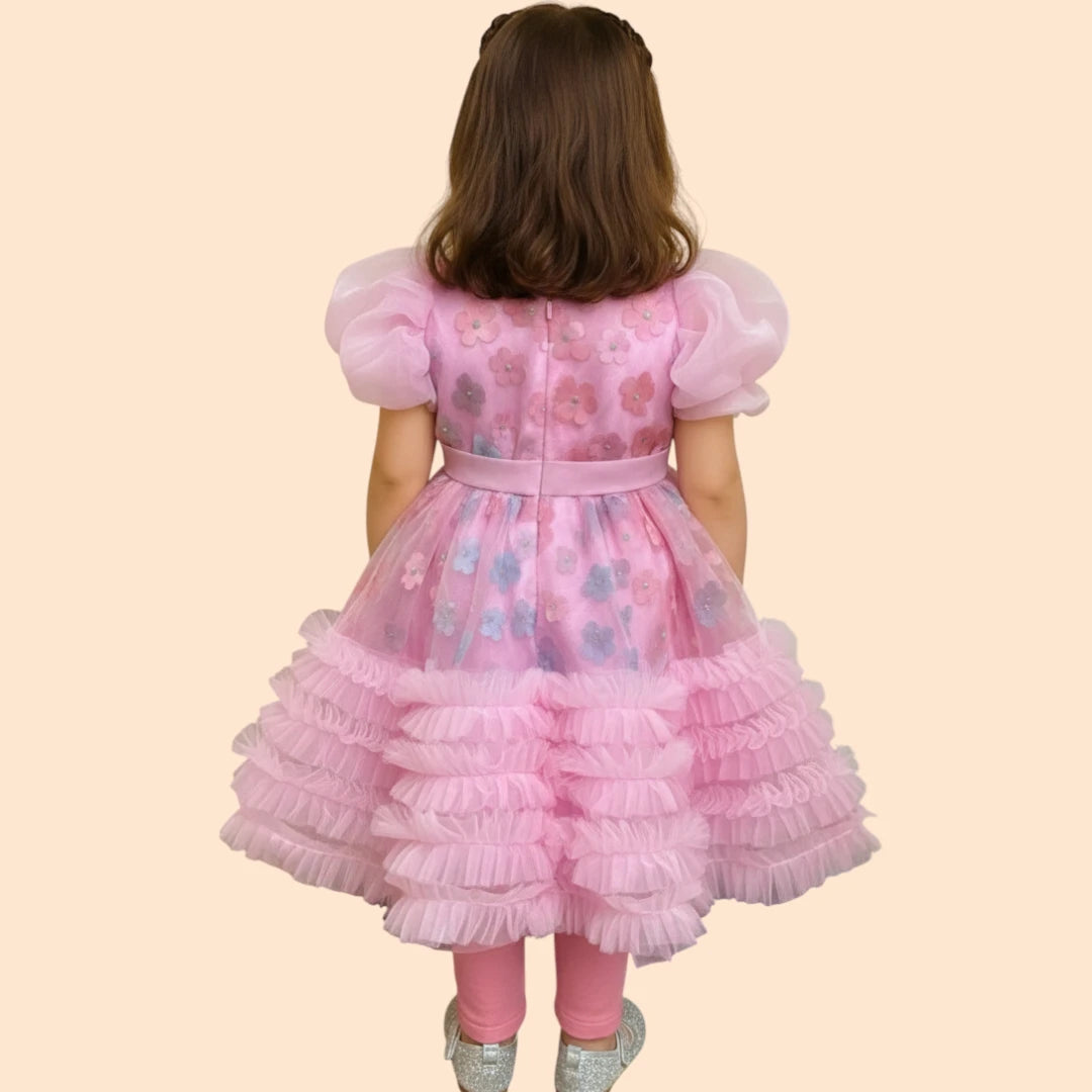 Girls Pink Fairy Frock, Puffy Sleeves Party Dress with Floral Details back