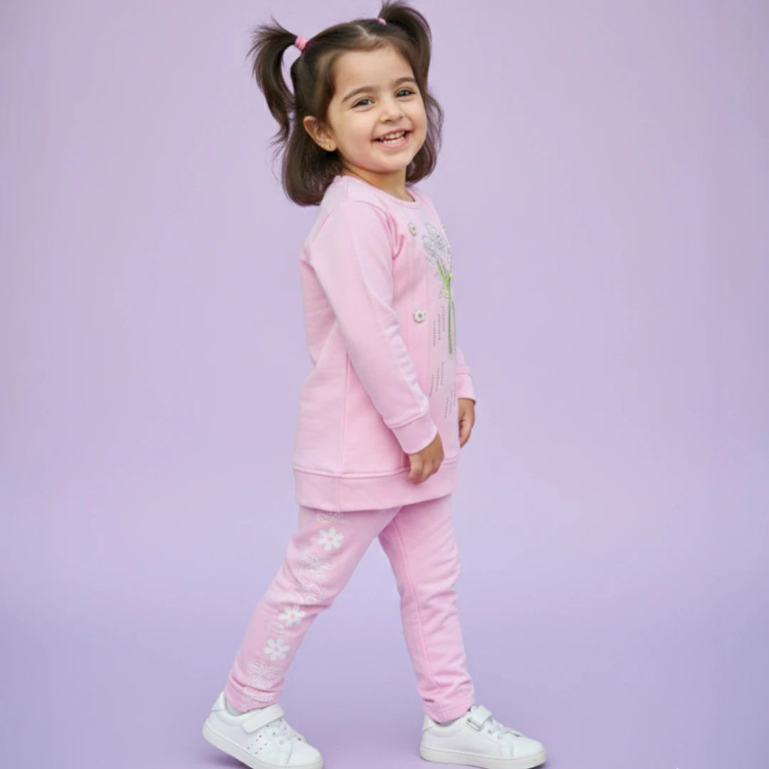 Girls Pink Fleece Tracksuit side