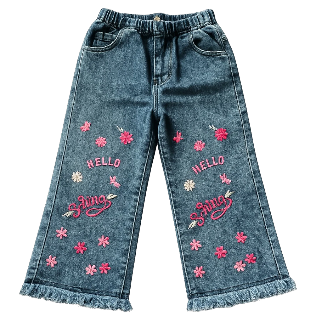 Girls embroidered denim pants with floral design and text detail, trendy kids casual wear trousers for girls in Pakistan, stylish comfortable everyday outfit