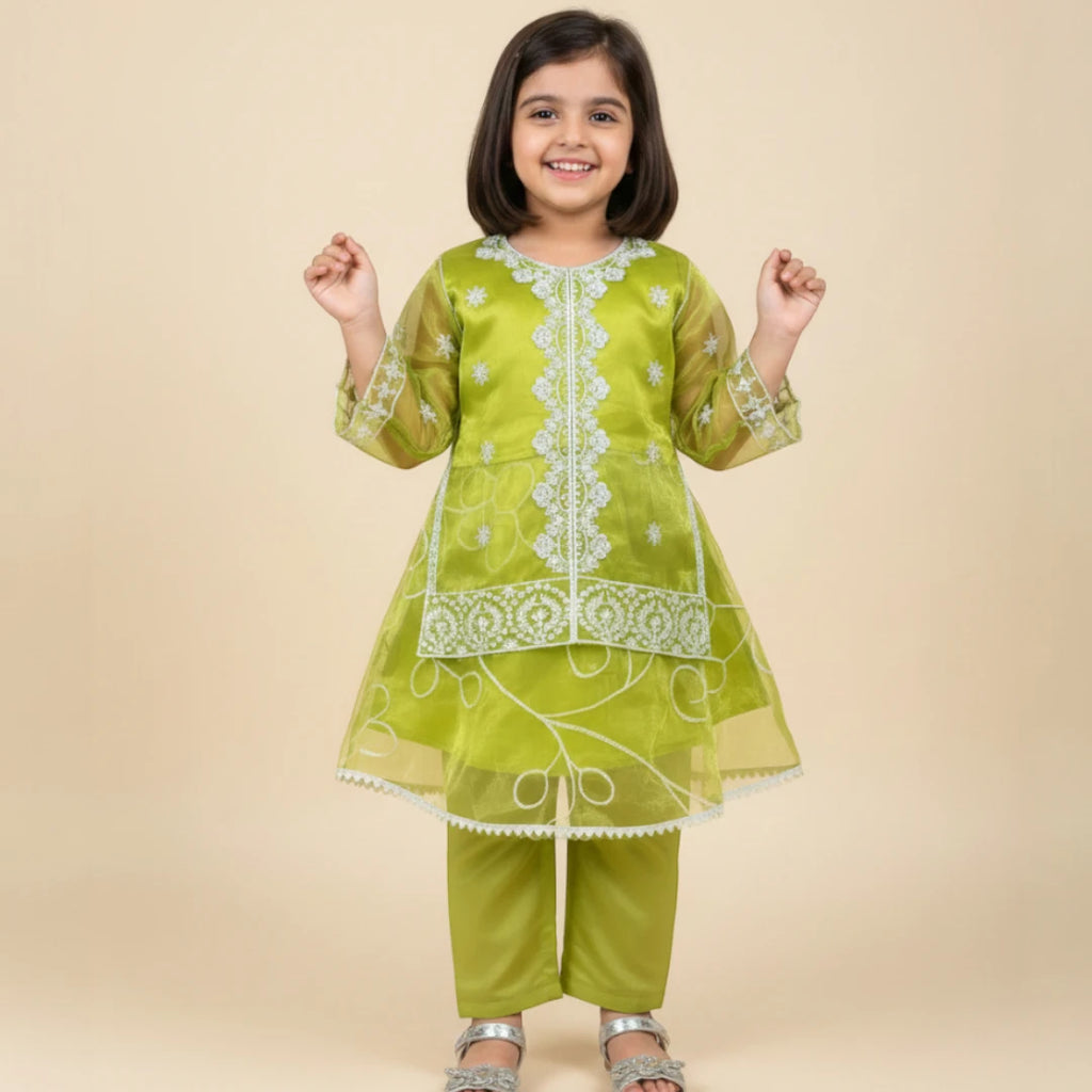 Green Embroidered Fancy Frock Set