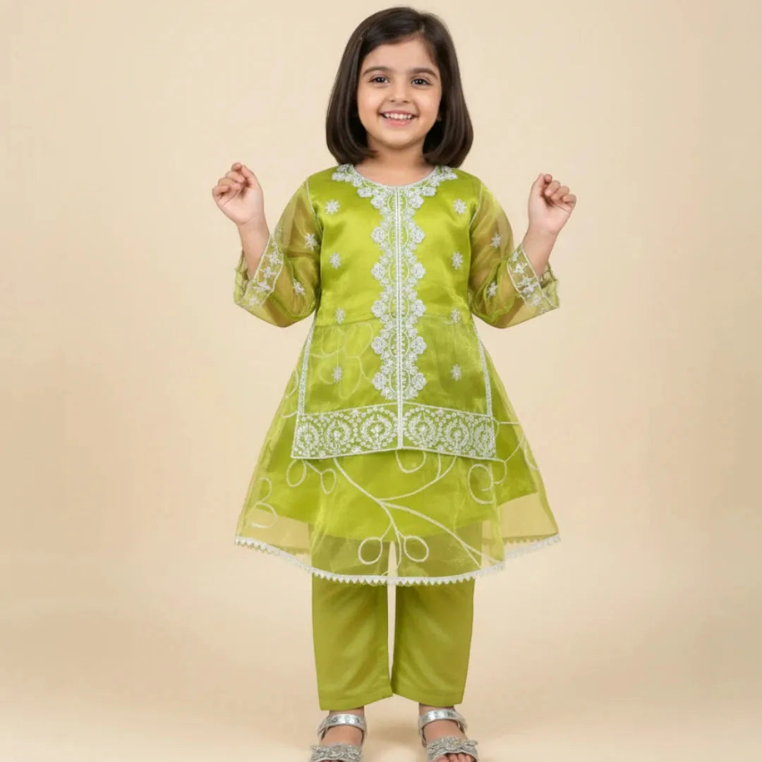 Green Embroidered Fancy Frock Set