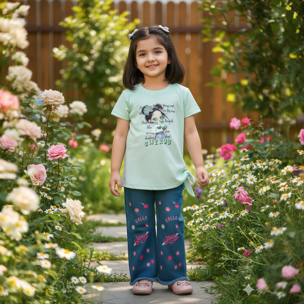  mint green graphic cotton T-shirt with blue embroidered jeans in garden setting