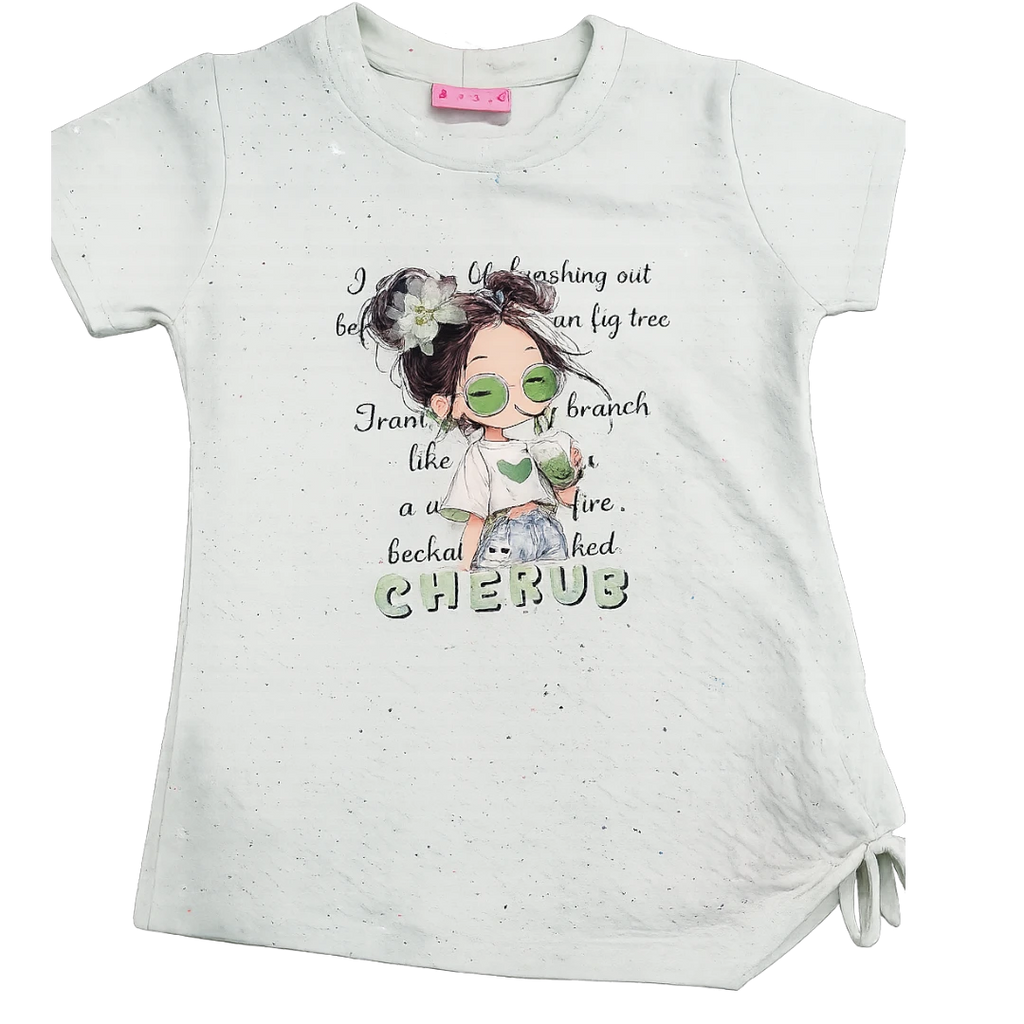 mint green graphic cotton T-shirt with blue embroidered jeans in garden setting