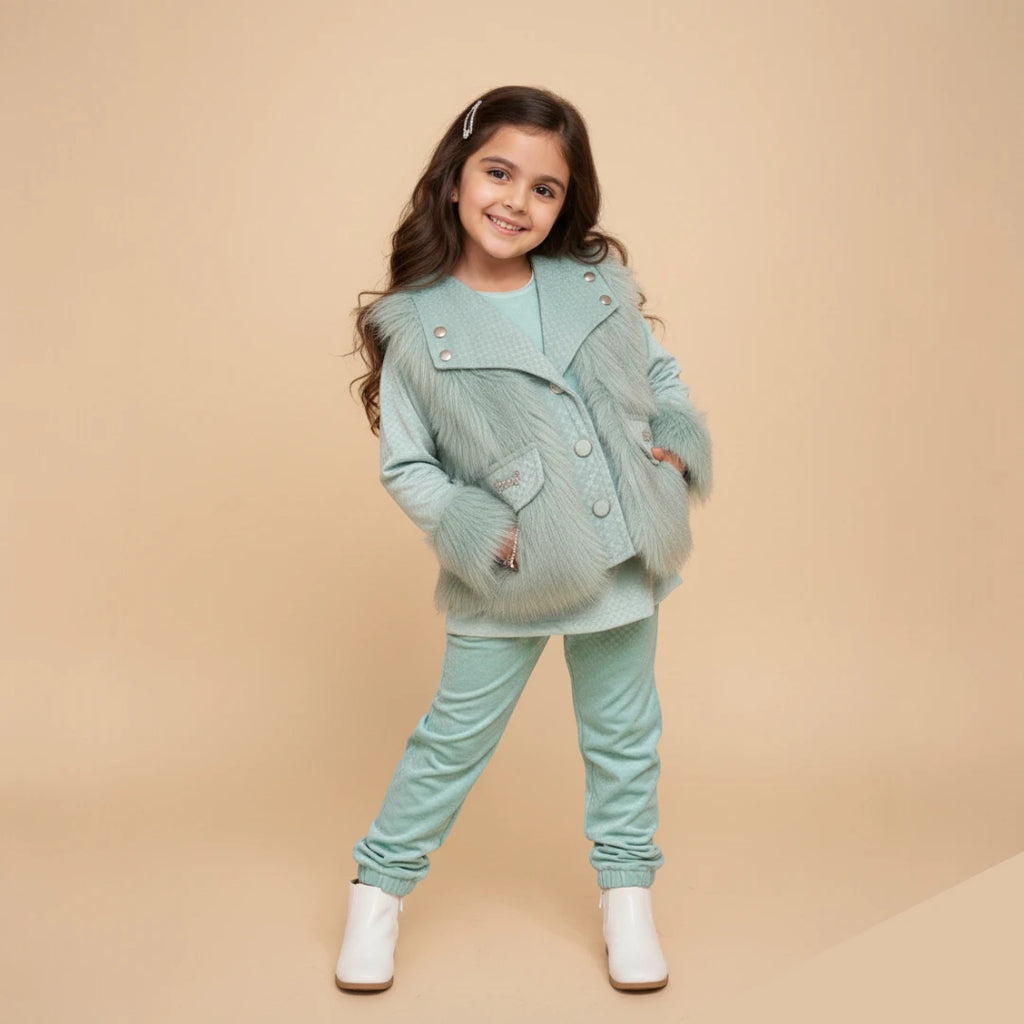 Light Blue Winter Fur Coat and Trouser Shirt Set