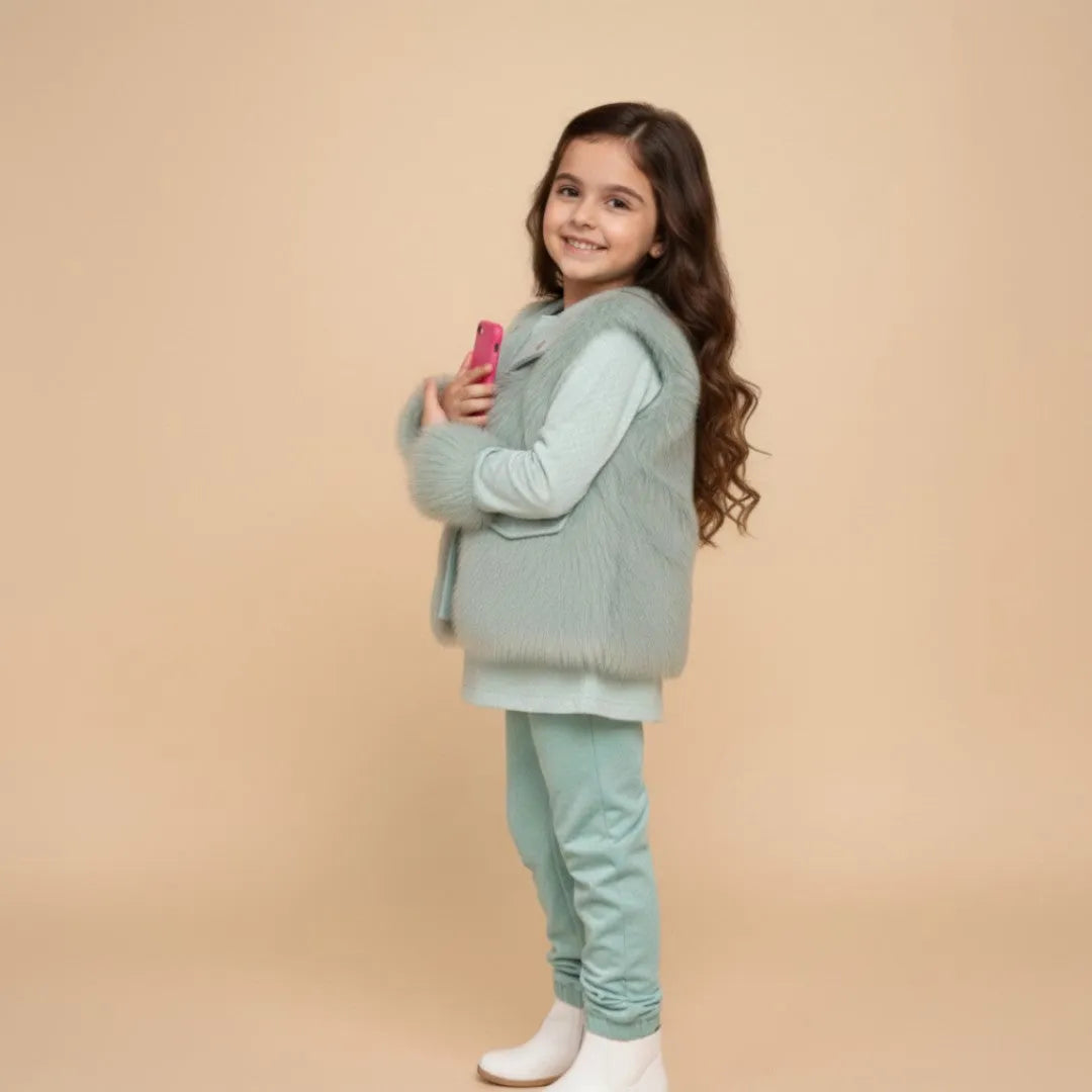 Light Blue Winter Fur Coat and Trouser Shirt Side
