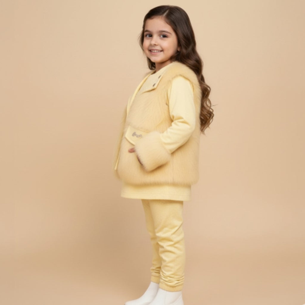 Light Yellow Winter Fur Coat and Trouser Shirt