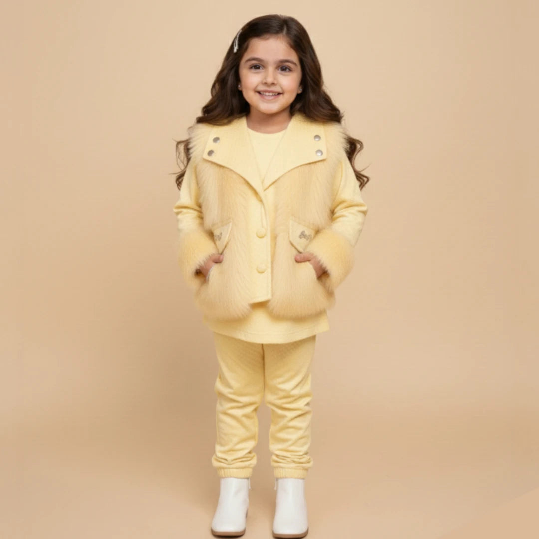 Light Yellow Winter Fur Coat and Trouser Shirt