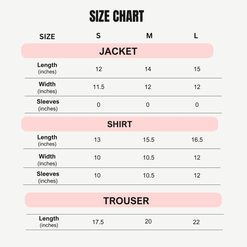 Size chart for 3 Piece Tracksuit Set
