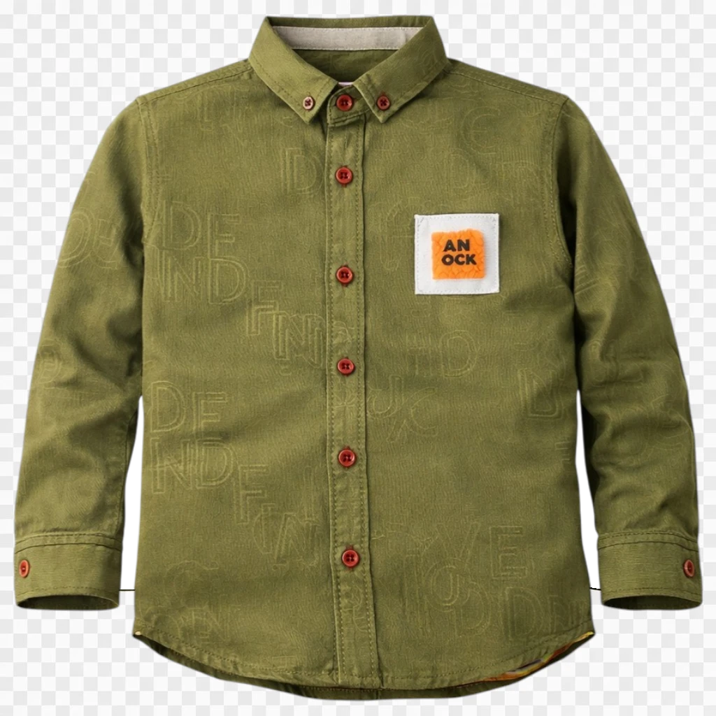 Olive green boys long sleeve button down shirt with red buttons and chest patch detail, premium kids smart casual outfit, trendy boys party wear and Eid collection shirt in Pakistan