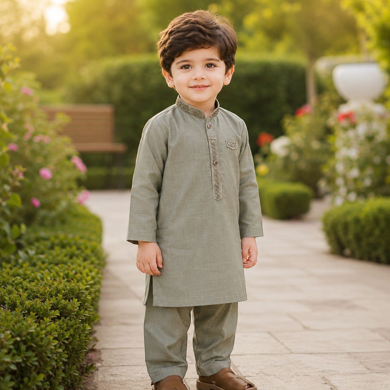 Olive Green Premium Embroidered Boys Shalwar Kameez
