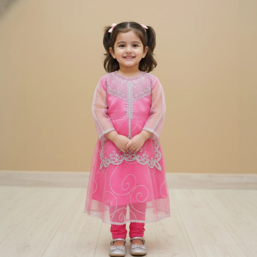 Girls Pink Embroidered Fancy Frock Set