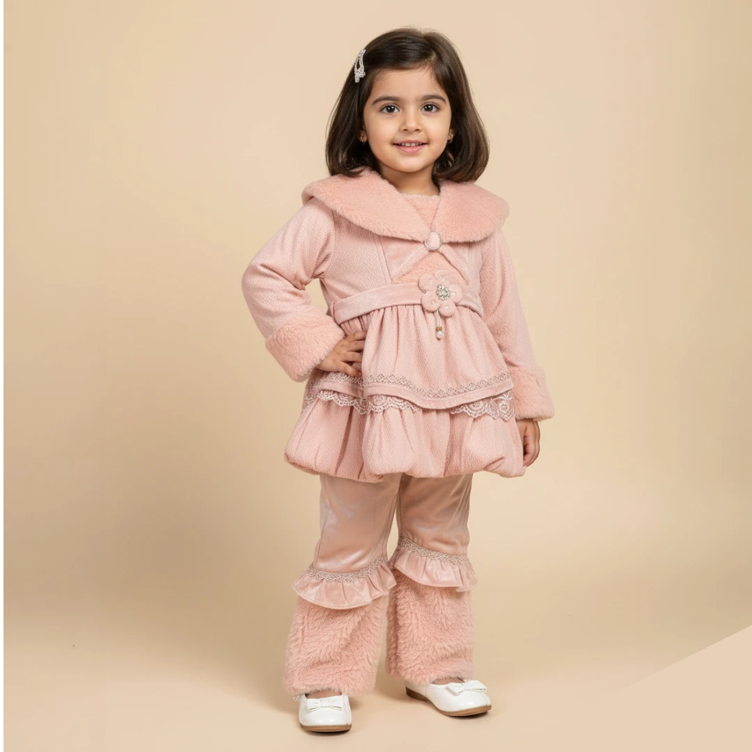 Girls Pink Winter Fur Frock and Trouser Set