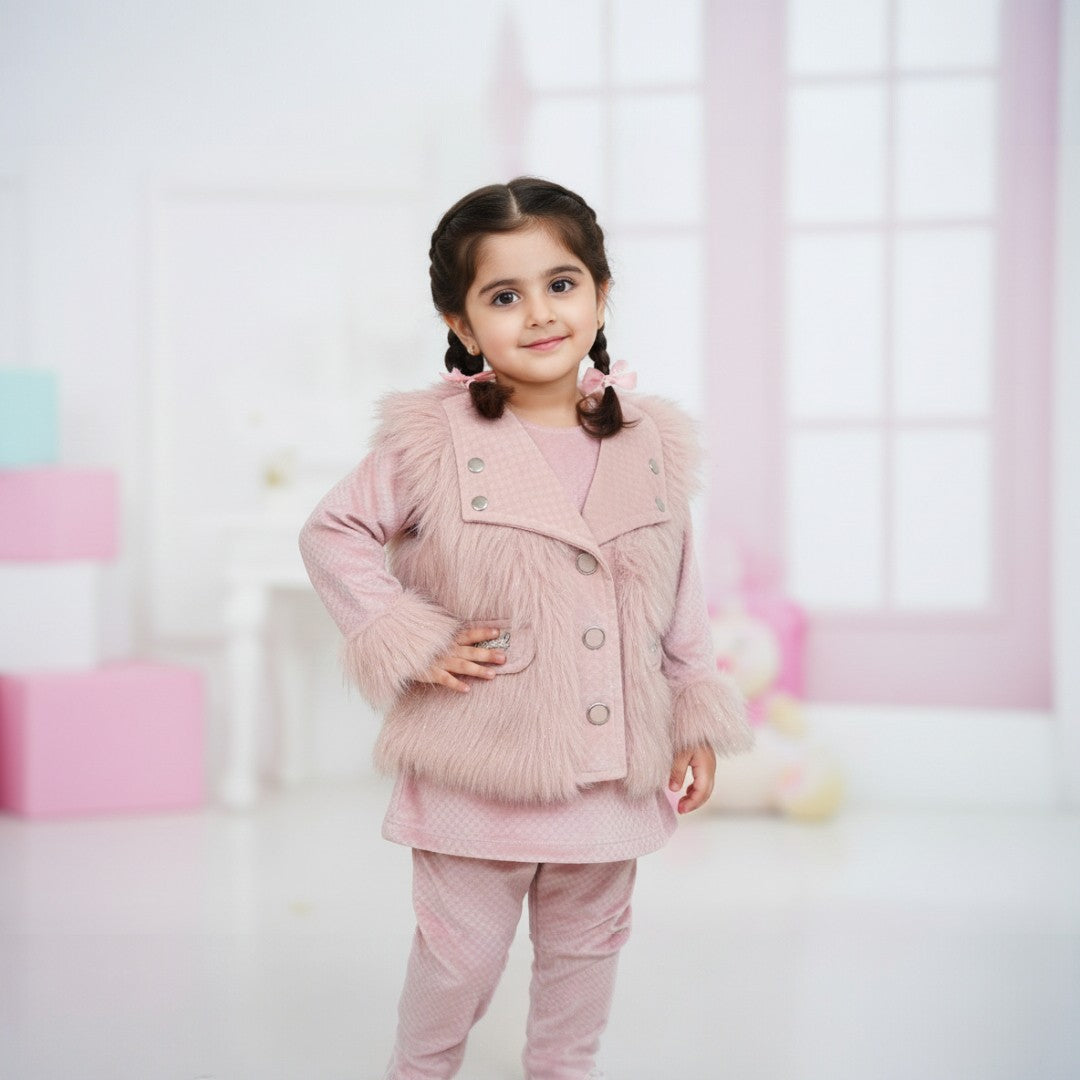 Pink Winter Fur Coat and Trouser Shirt Set