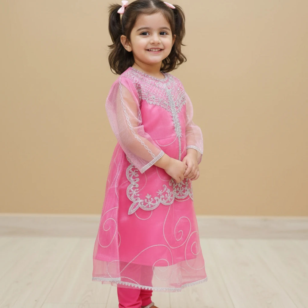 Girls Pink Embroidered Fancy Frock Set