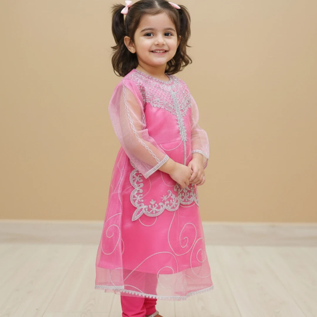 Girls Pink Embroidered Fancy Frock Set