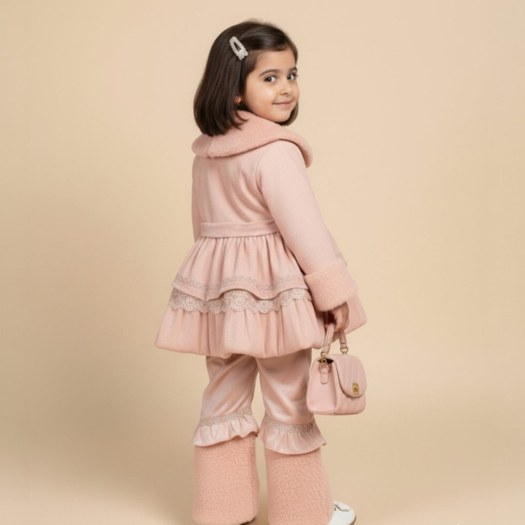 Girls Pink Winter Fur Frock and Trouser Set